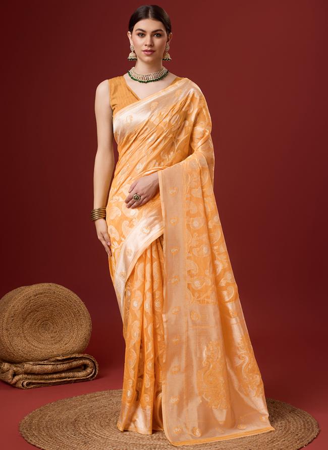 Cotton Orange Festival Wear Floral Print Saree